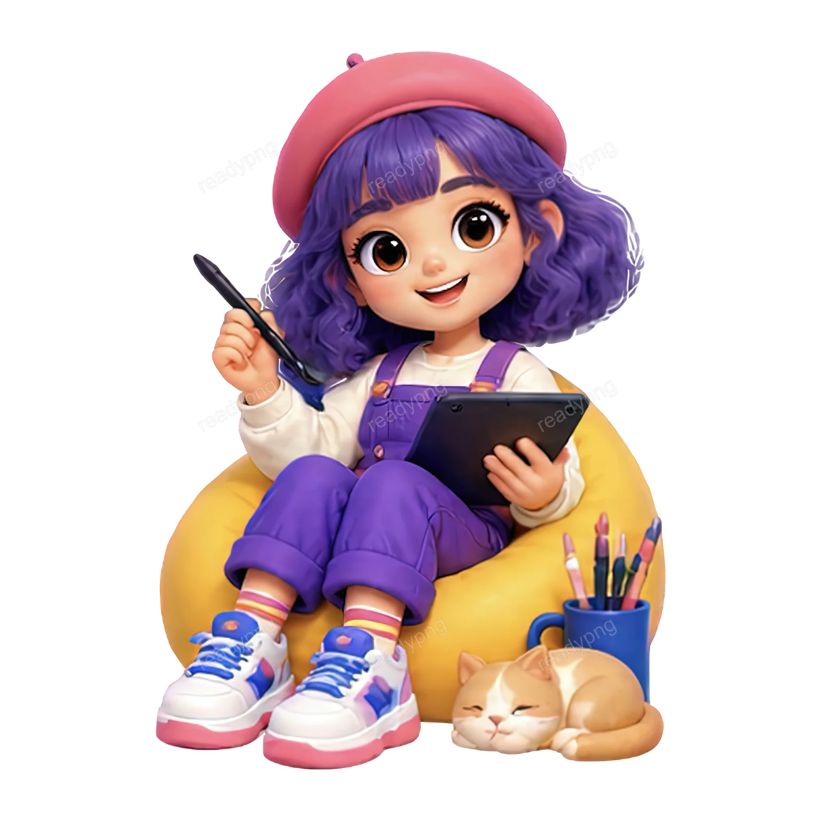Girl with Tablet and Cat